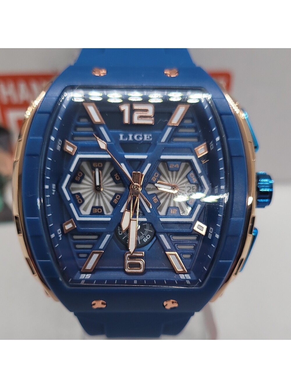 249 lige blue chronograph date silicone strap rose gold sport analog wristwatch
